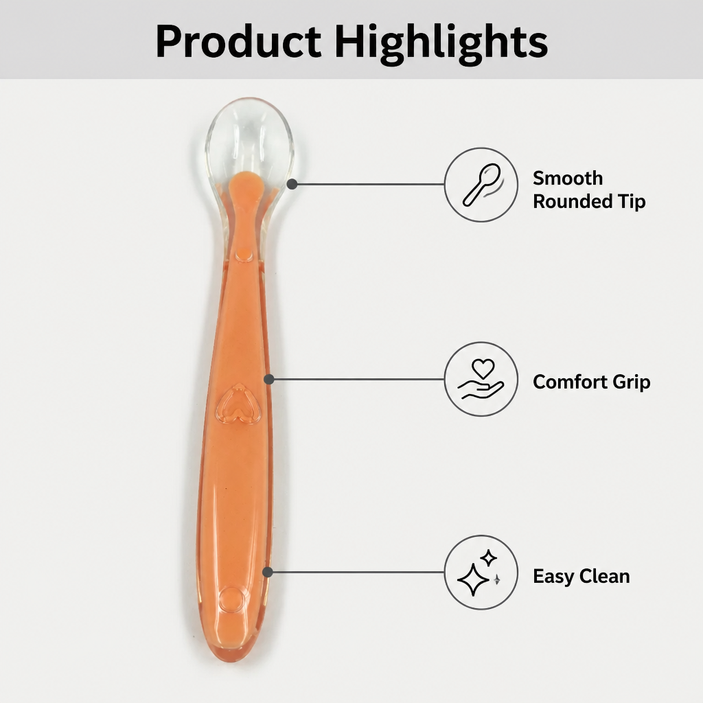 Kids Boon Soft Silicone Baby Feeding Spoon – BPA-Free Infant Weaning Spoon with Ergonomic Handle (Orange)