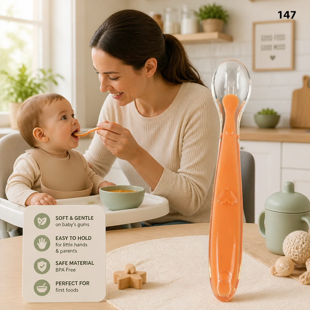 Kids Boon Soft Silicone Baby Feeding Spoon – BPA-Free Infant Weaning Spoon with Ergonomic Handle (Orange)