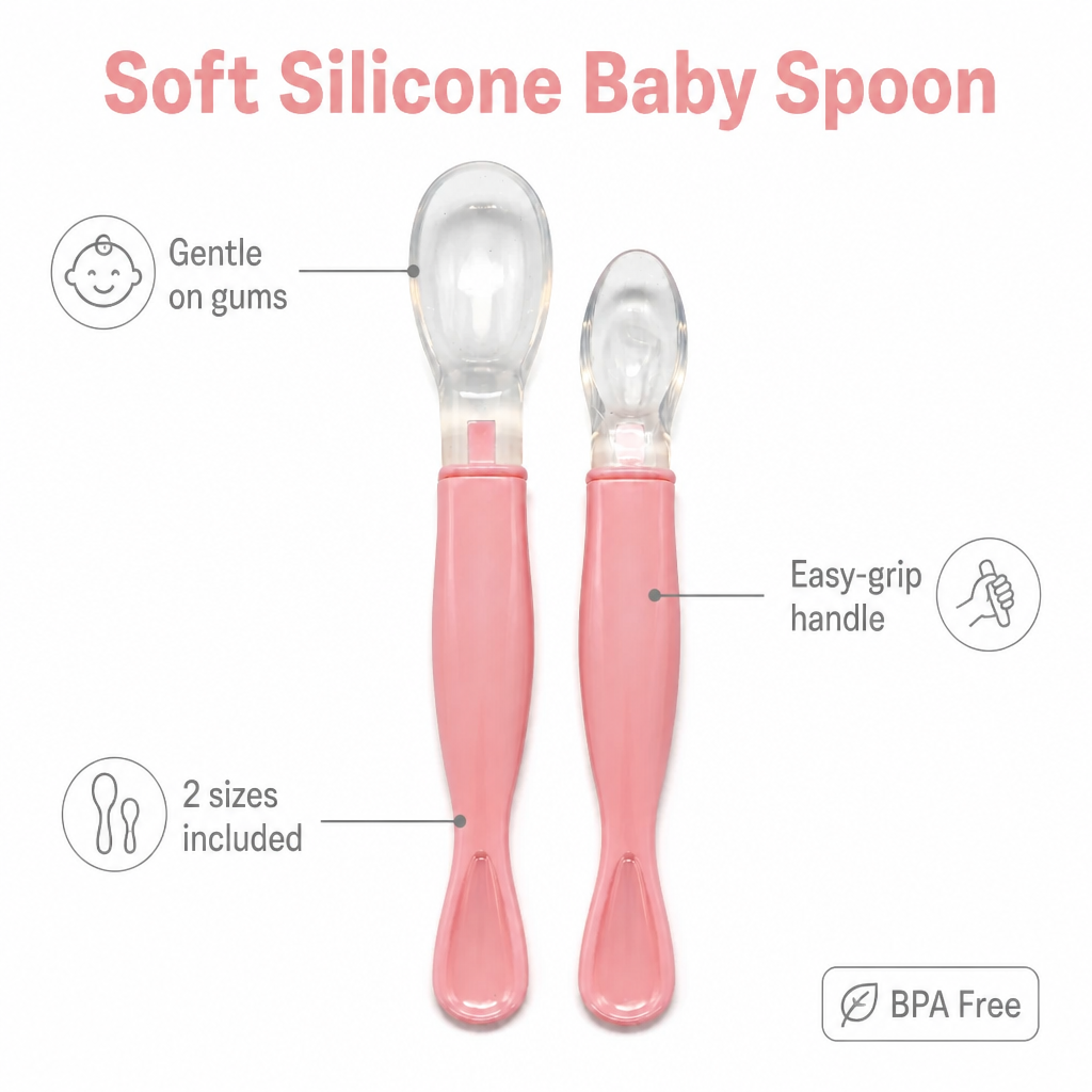 Kids Boon Soft Silicone Baby Feeding Spoons | First Stage Weaning Spoon Set (Pink) | BPA-Free & Gentle on Gums
