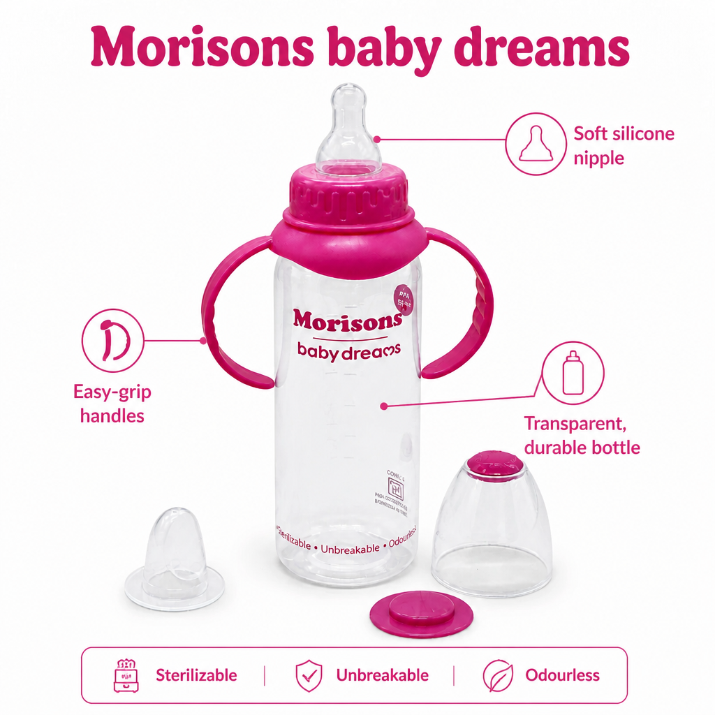 Morisons Baby Dreams BPA-Free Feeding Bottle with Handles – Pink, Sterilizable & Unbreakable