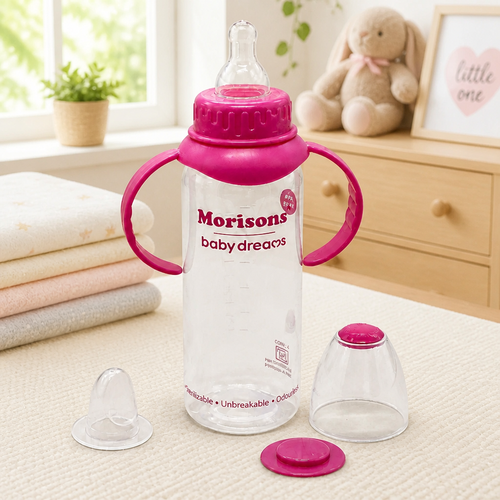 Morisons Baby Dreams BPA-Free Feeding Bottle with Handles – Pink, Sterilizable & Unbreakable
