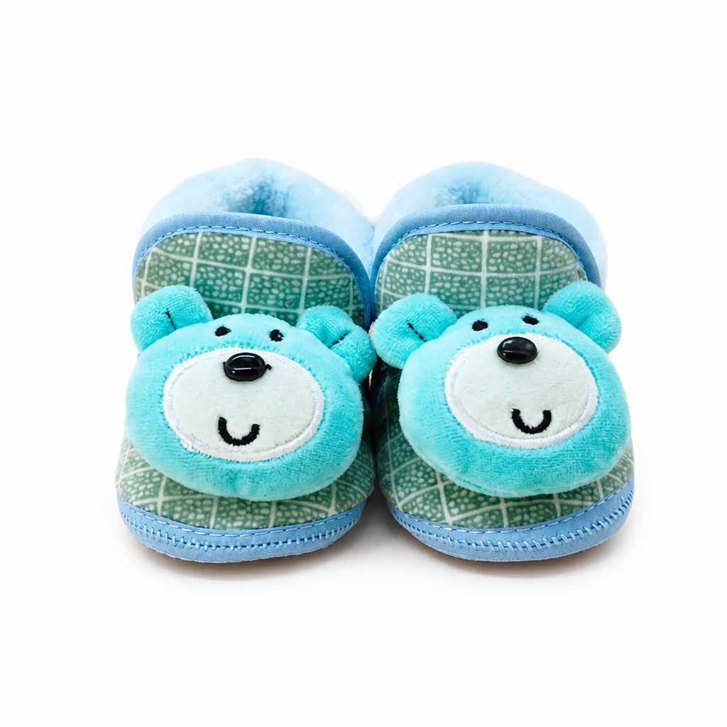 Soft Plush Teddy Bear Baby Booties | Blue Fleece Lined Infant Slippers | Cozy Pre-Walker Crib Shoes