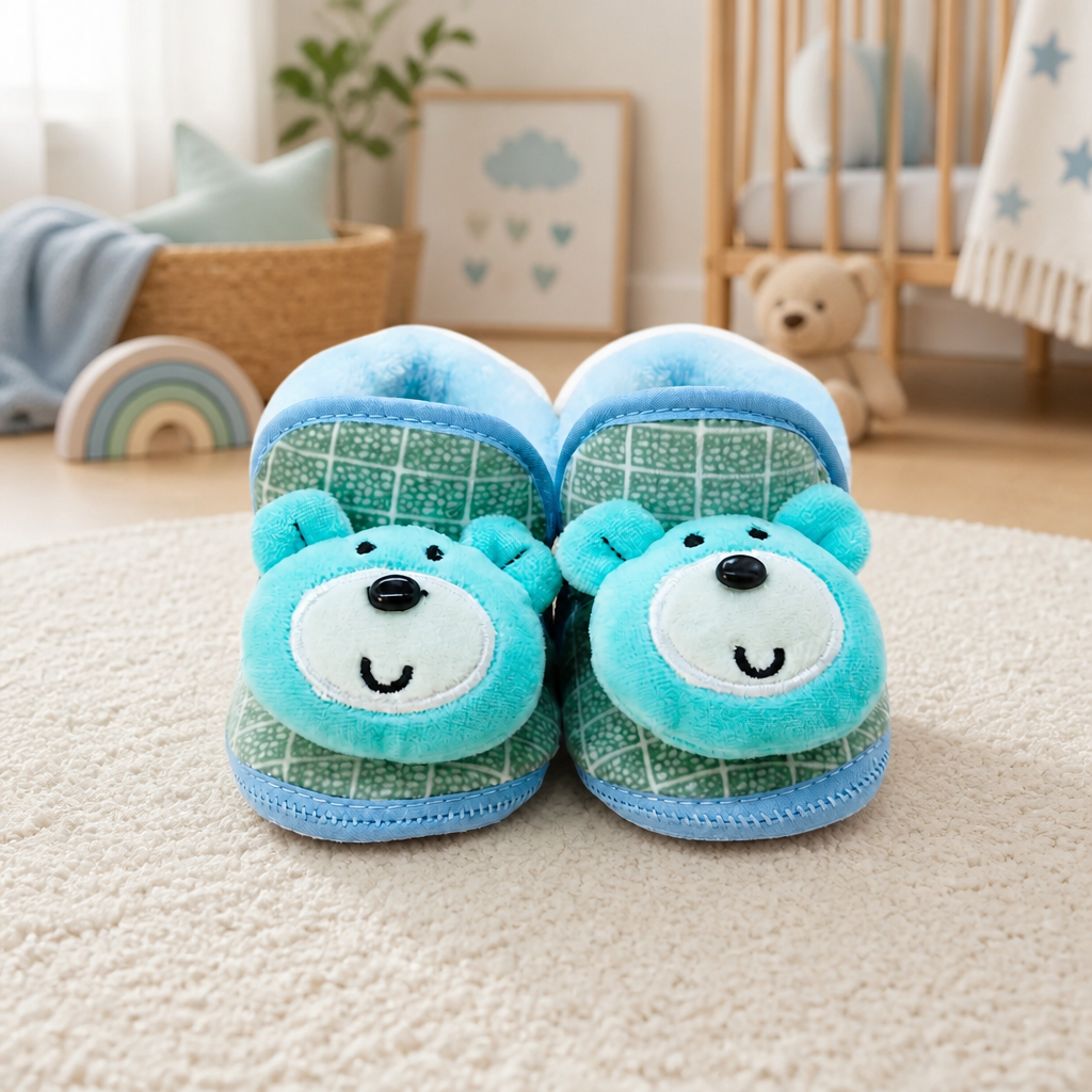 Soft Plush Teddy Bear Baby Booties | Blue Fleece Lined Infant Slippers | Cozy Pre-Walker Crib Shoes