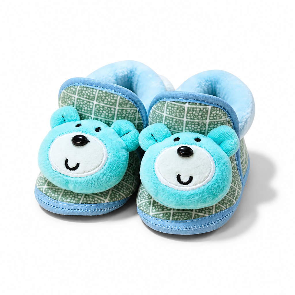 Soft Plush Teddy Bear Baby Booties | Blue Fleece Lined Infant Slippers | Cozy Pre-Walker Crib Shoes