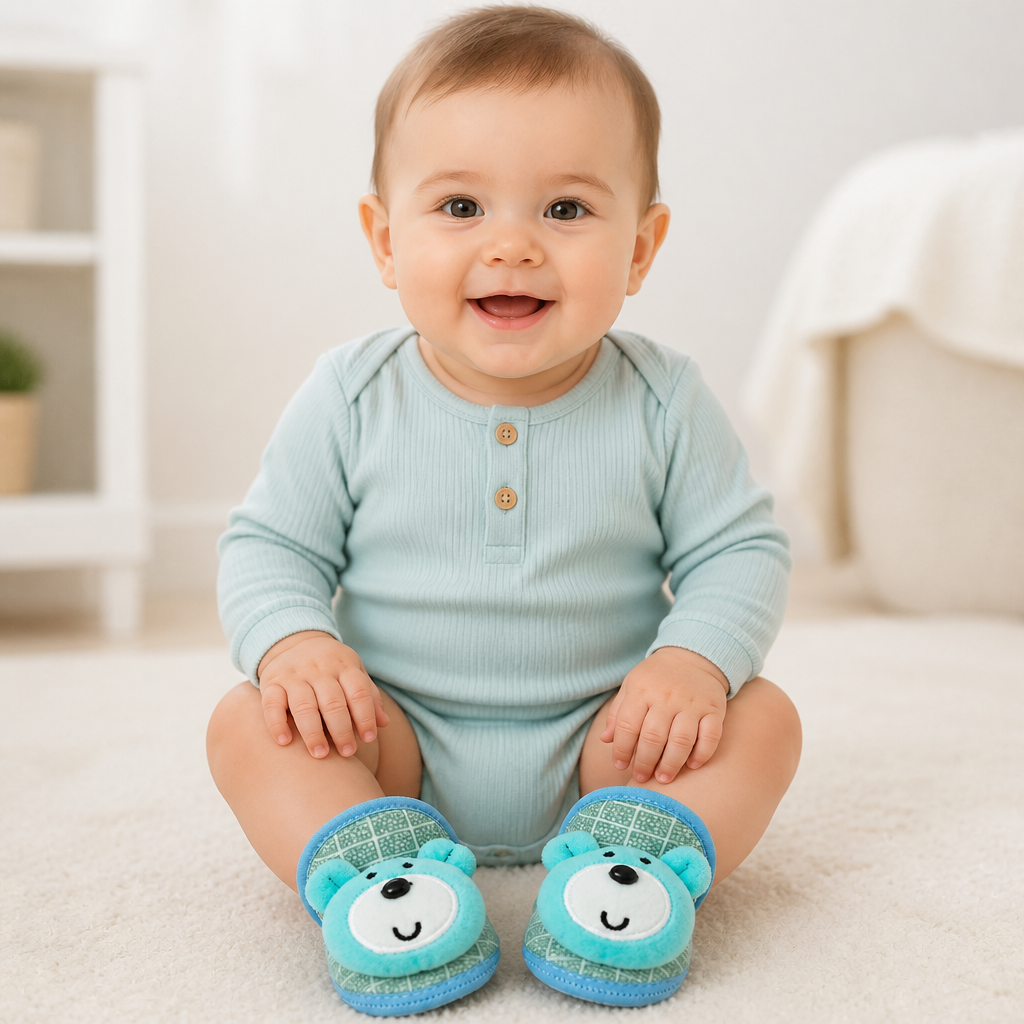 Soft Plush Teddy Bear Baby Booties | Blue Fleece Lined Infant Slippers | Cozy Pre-Walker Crib Shoes