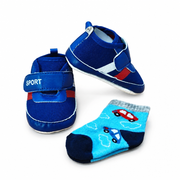 Kids Boon Sporty Blue Baby Sneakers & Matching Socks Set | Soft Sole Pre-Walker Shoes