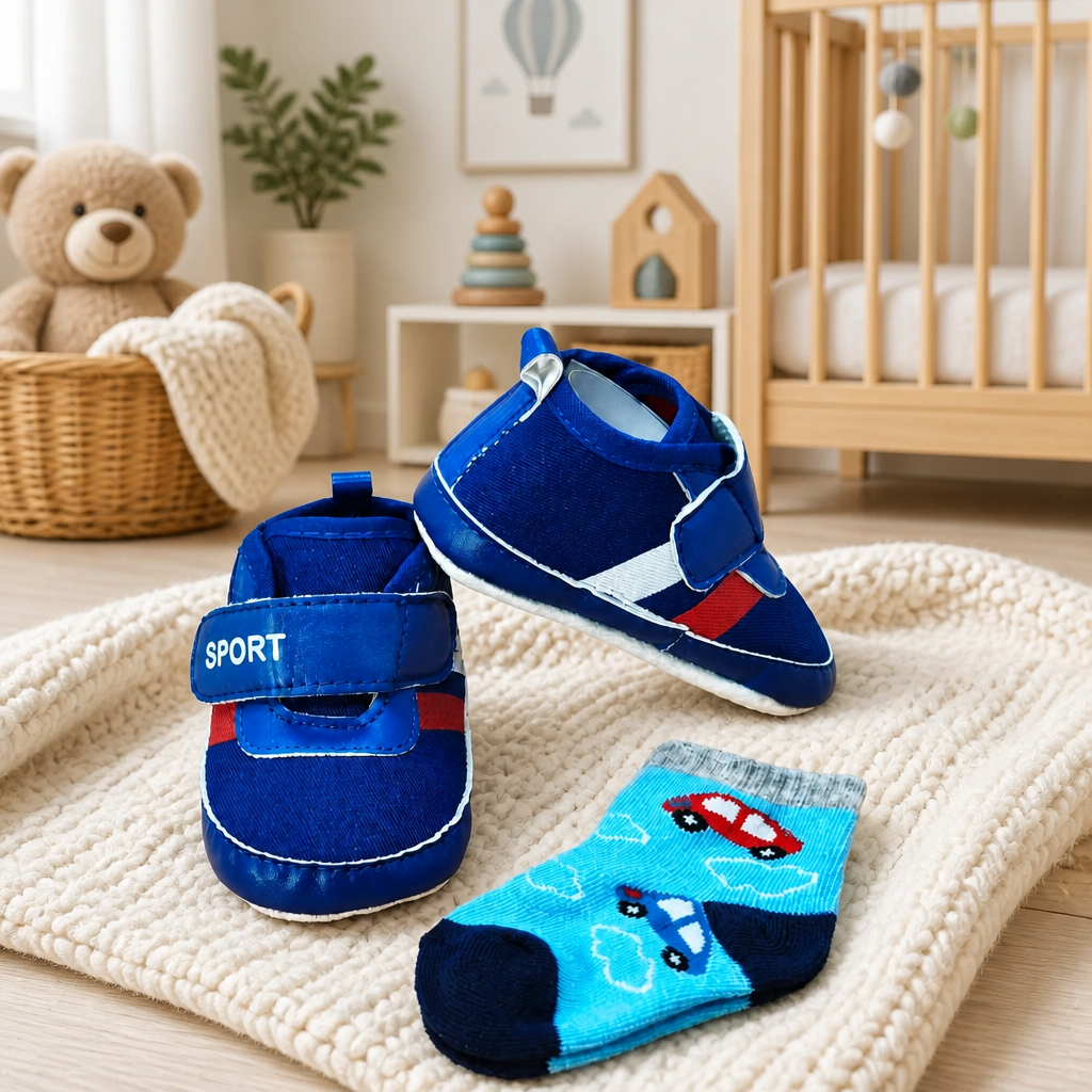 Kids Boon Sporty Blue Baby Sneakers & Matching Socks Set | Soft Sole Pre-Walker Shoes