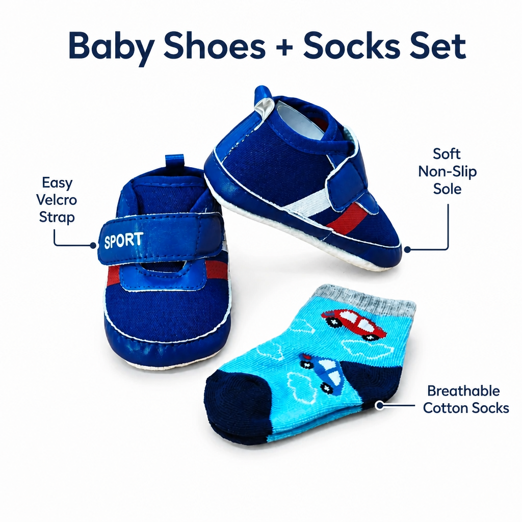 Kids Boon Sporty Blue Baby Sneakers & Matching Socks Set | Soft Sole Pre-Walker Shoes