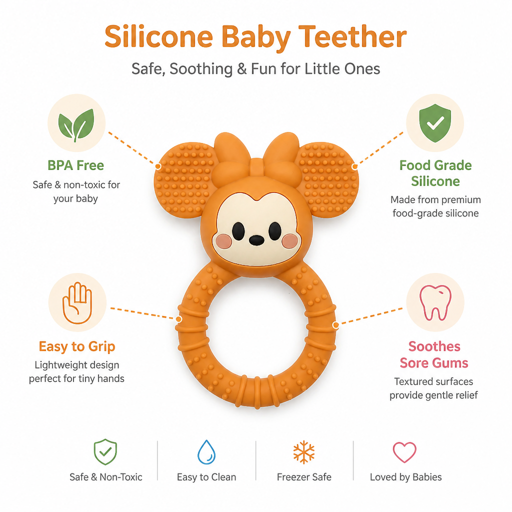 Orange Silicone Baby Teether Toy - BPA Free Soft Chew Ring for Infants & Toddlers (3-24 Months)
