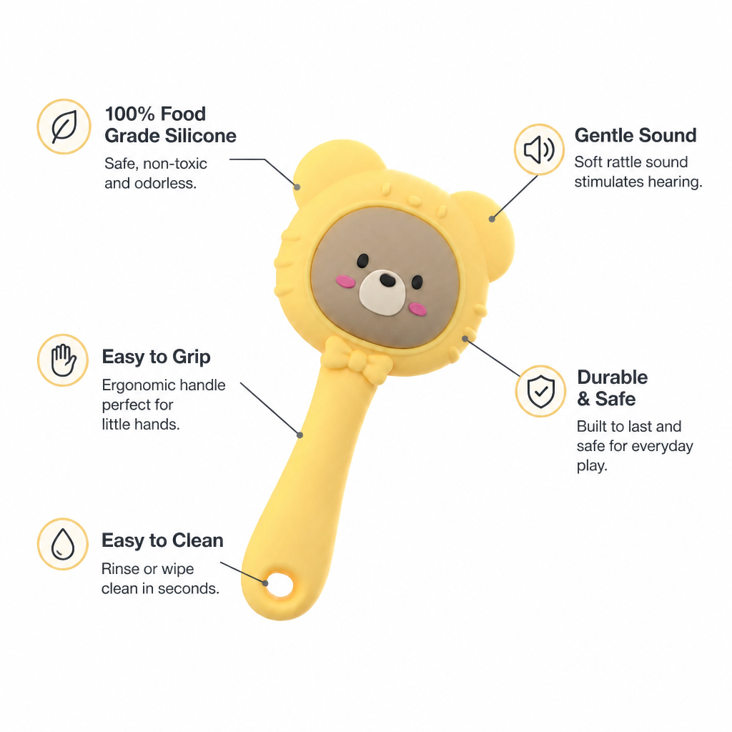 Cute Bear Musical Rattle Teether Toy for Babies (3-24 Months) | BPA-Free Silicone Sensory Chew Toy