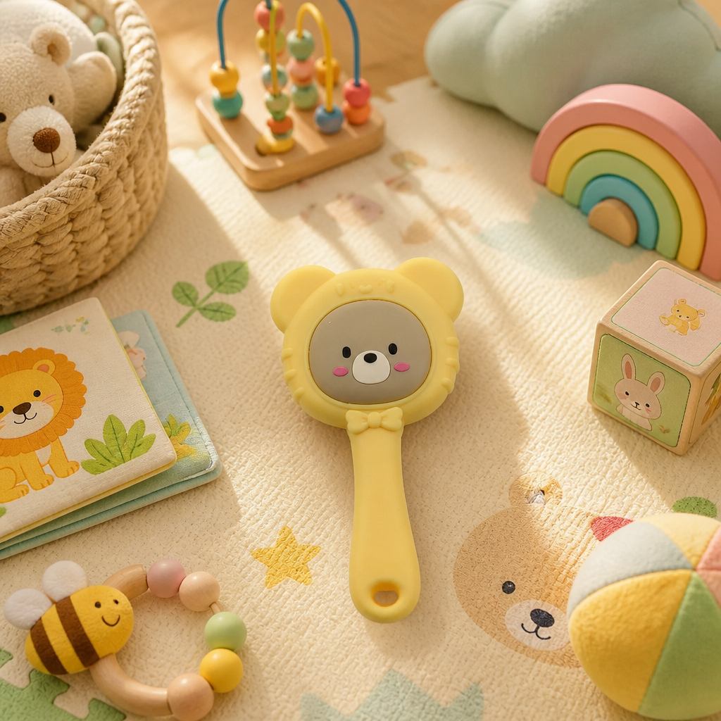Cute Bear Musical Rattle Teether Toy for Babies (3-24 Months) | BPA-Free Silicone Sensory Chew Toy