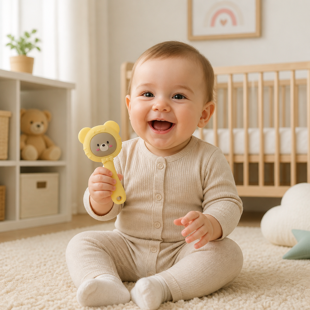 Cute Bear Musical Rattle Teether Toy for Babies (3-24 Months) | BPA-Free Silicone Sensory Chew Toy