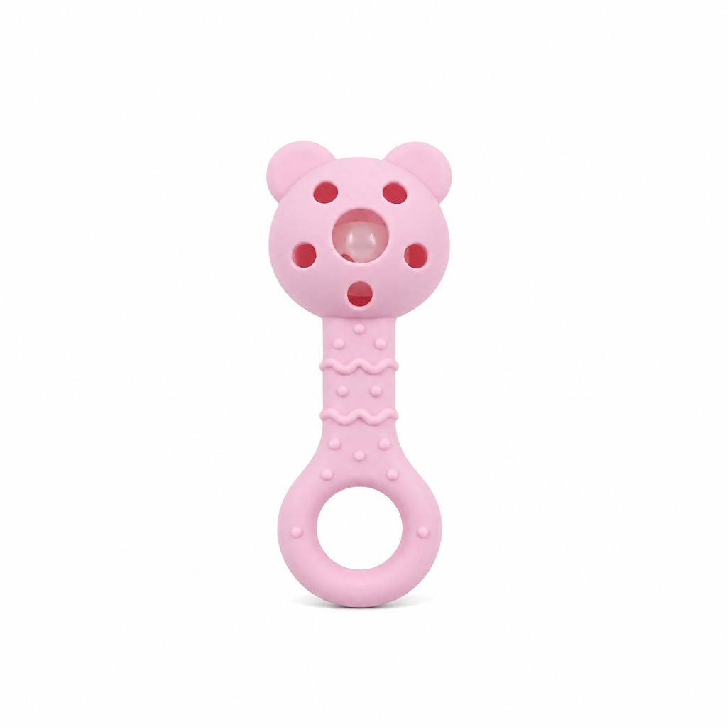 Kids Boon Pink Bear Musical Rattle Teether | BPA-Free Silicone Teething Toy for Babies 3-24 Months