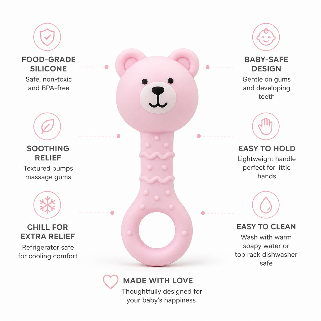 Kids Boon Pink Bear Musical Rattle Teether | BPA-Free Silicone Teething Toy for Babies 3-24 Months