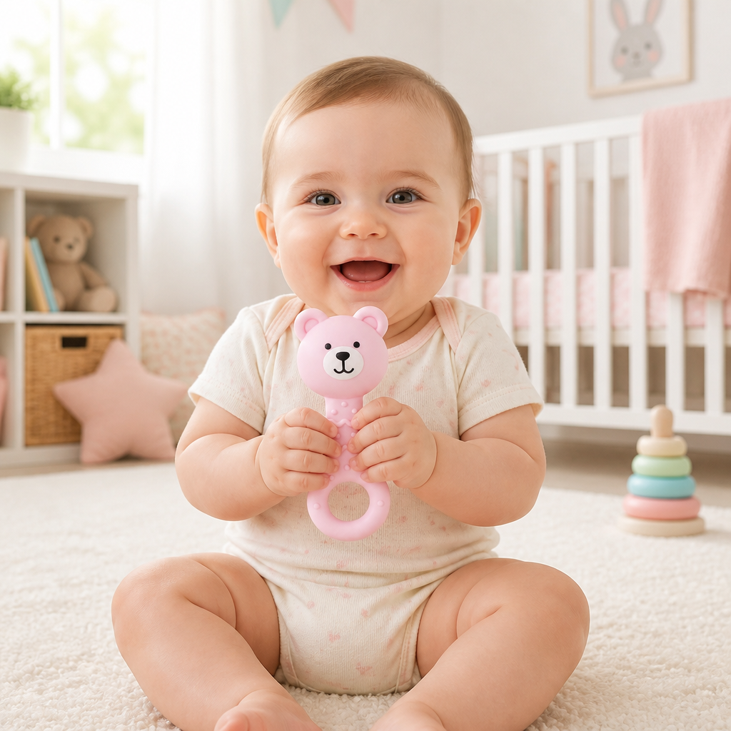 Kids Boon Pink Bear Musical Rattle Teether | BPA-Free Silicone Teething Toy for Babies 3-24 Months