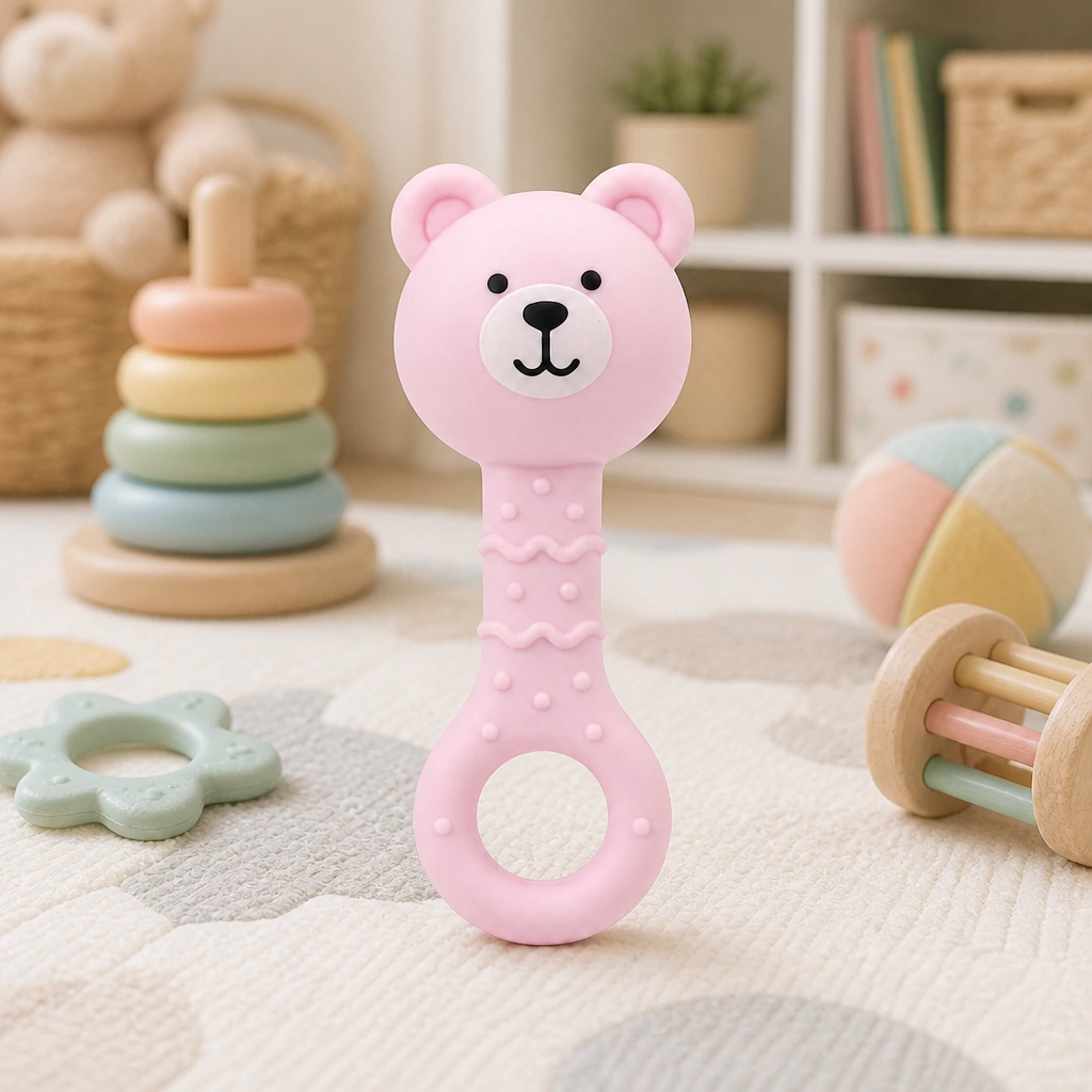 Kids Boon Pink Bear Musical Rattle Teether | BPA-Free Silicone Teething Toy for Babies 3-24 Months