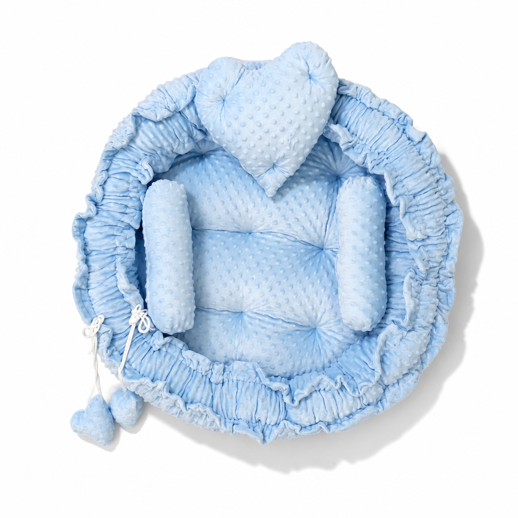 Kids Boon Premium Reversible Round Baby Bed with Mosquito Net | Ultra-Soft Minky Sleep Lounger with Pillows (Light Blue)