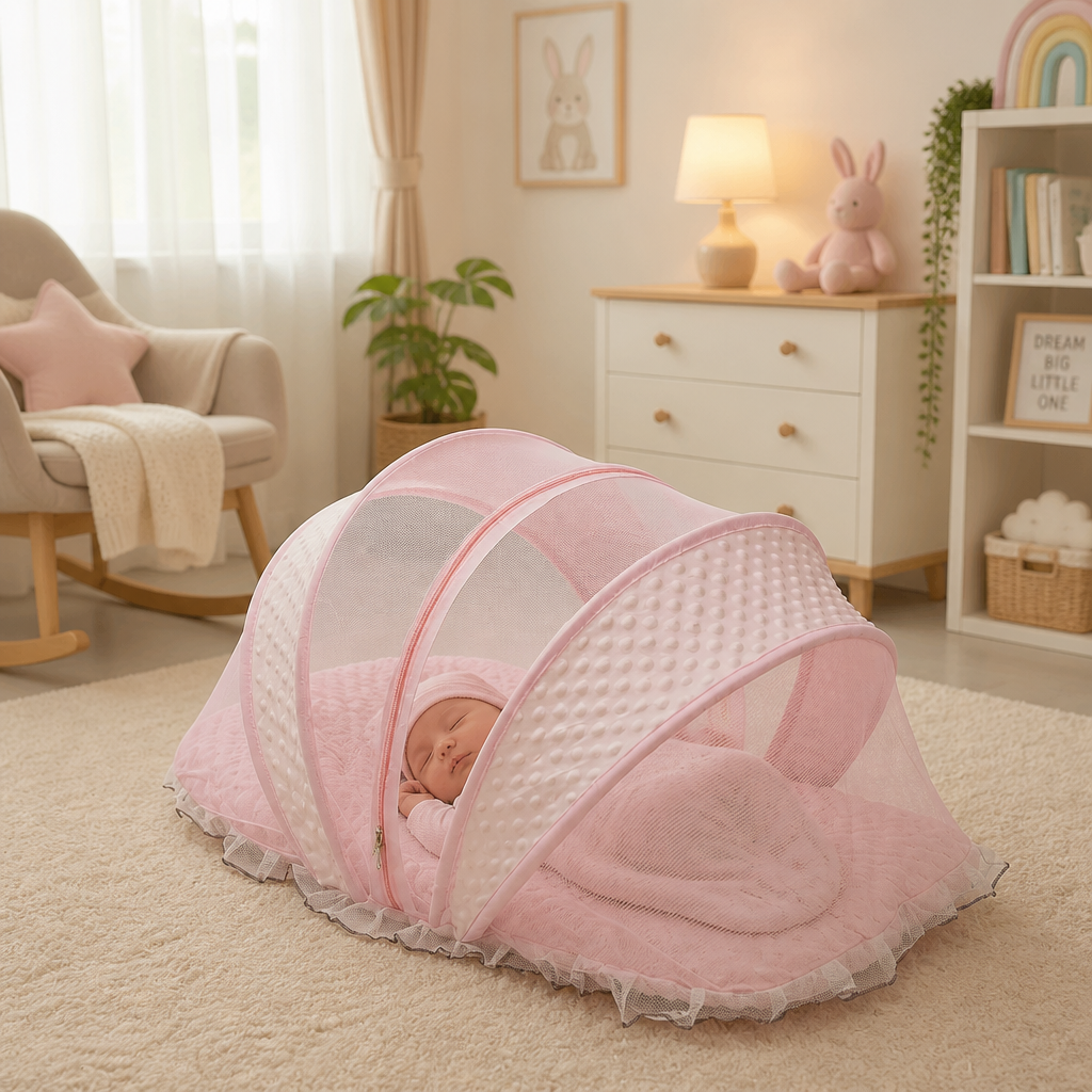 Kids Boon Premium Foldable Baby Mosquito Net Bed – Portable Infant Sleep Essential (Pink)