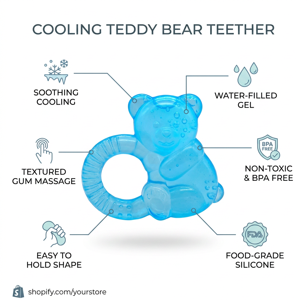 Kids Boon Water-Filled Baby Teether Toy – Cooling Gel Bear Teething Ring for Gums Pain Relief, BPA-Free Blue Silicone Teether