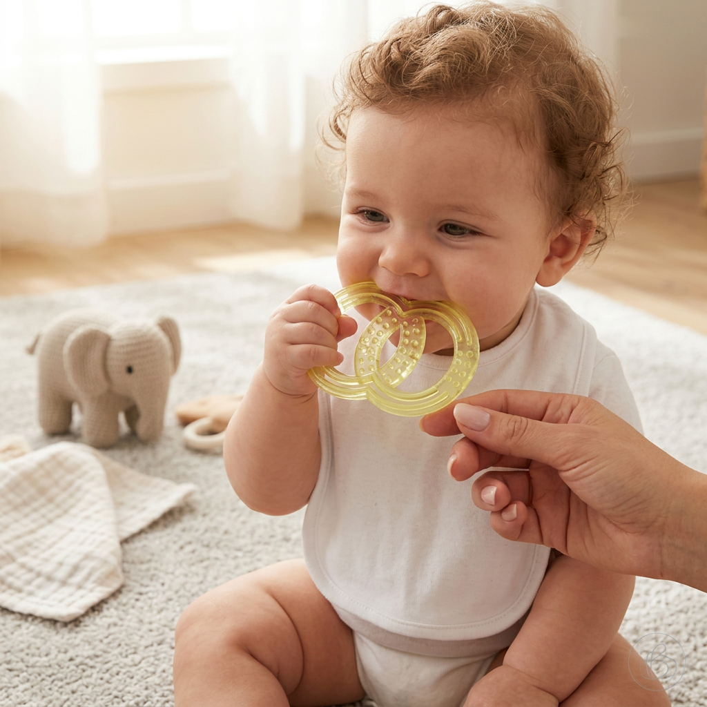 Kids Boon Dual-Ring Silicone Baby Teether Toy – Soft Textured Teething Ring for Gums (Yellow)