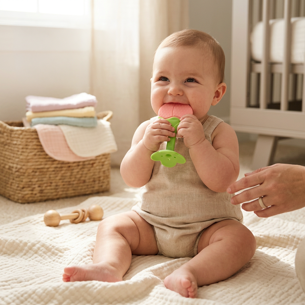 Kids Boon Peach Silicone Baby Teether Toy – BPA-Free Infant Teething Toy for Gum Pain Relief & Oral Development