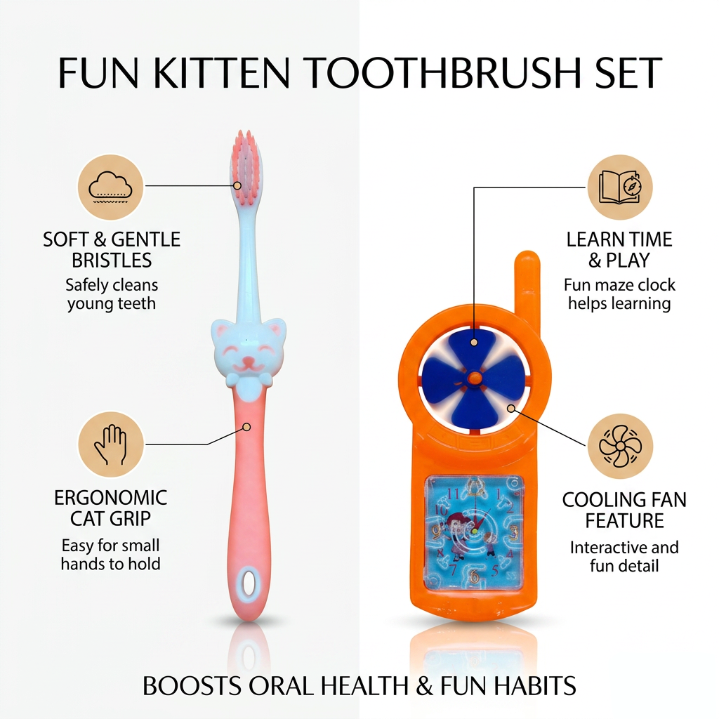 Fun Kitten Kids Toothbrush Set with Interactive Clock & Fan Toy - Soft Bristles for Toddlers