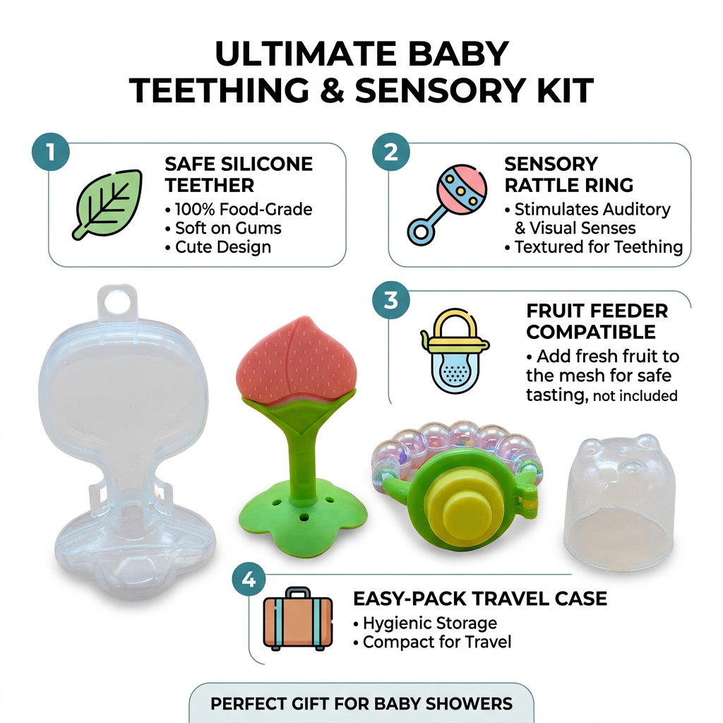 Kids Boon 2-Piece Silicone Fruit Teether & Sensory Rattle Set with Travel Cases | BPA-Free Baby Chew Toys