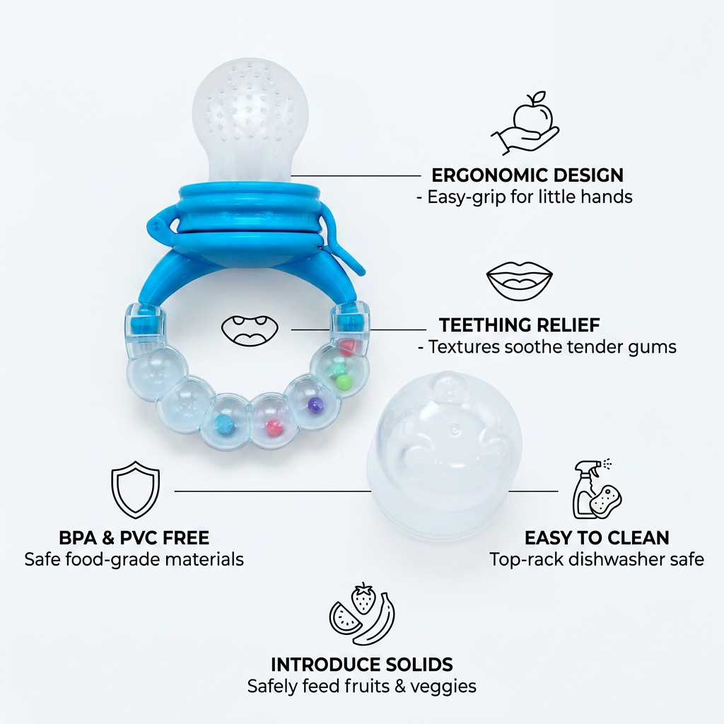 Kids Boon 2-in-1 Baby Fresh Food Feeder & Teething Pacifier with Rattle Handle | Silicone Fruit Nibbler (Blue)