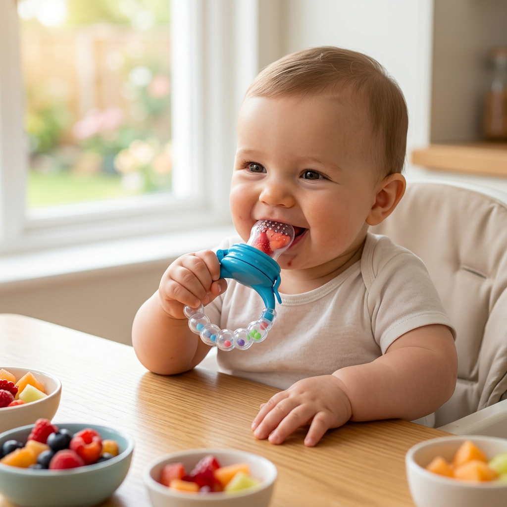 Kids Boon 2-in-1 Baby Fresh Food Feeder & Teething Pacifier with Rattle Handle | Silicone Fruit Nibbler (Blue)