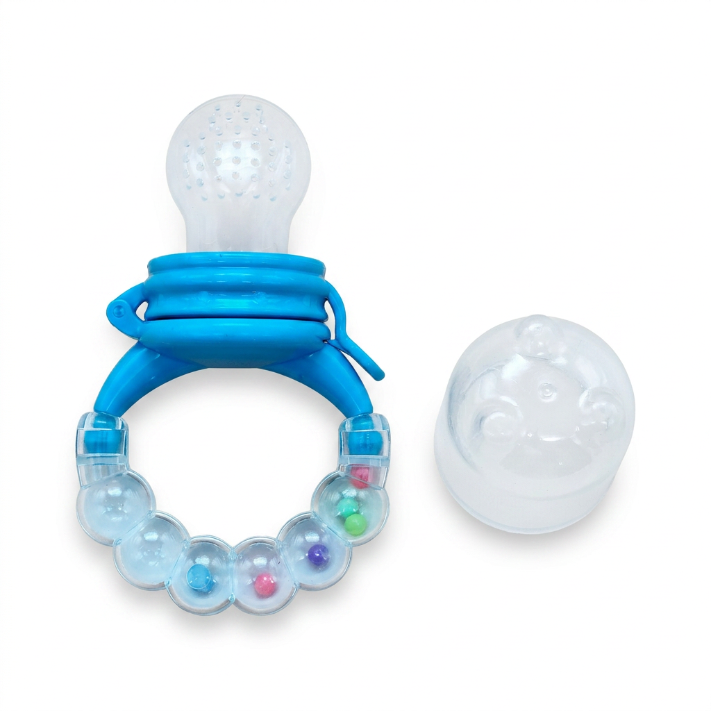 Kids Boon 2-in-1 Baby Fresh Food Feeder & Teething Pacifier with Rattle Handle | Silicone Fruit Nibbler (Blue)