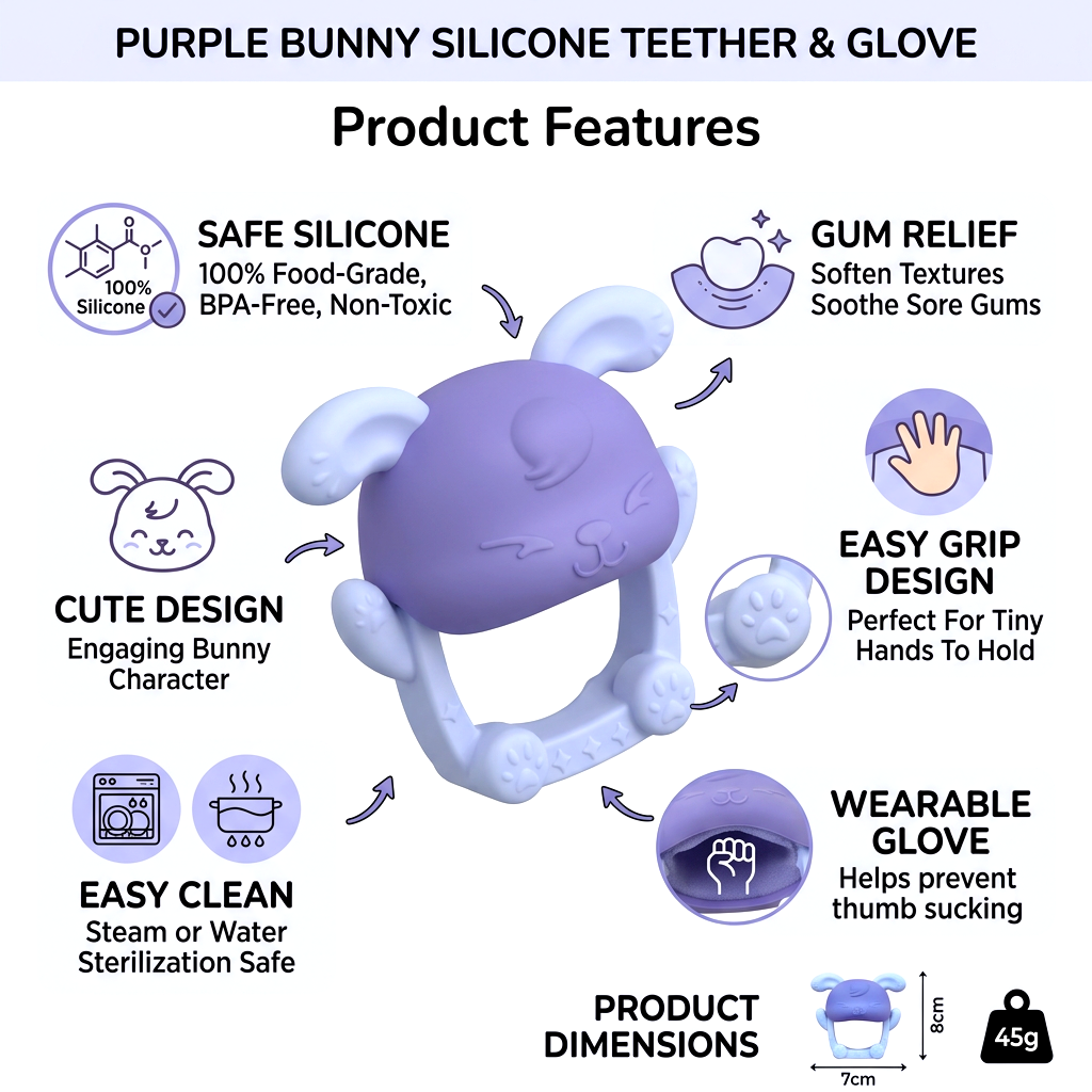 Kids Boon Silicone Bunny Baby Teether – BPA-Free Purple Infant Teething Toy & Soother