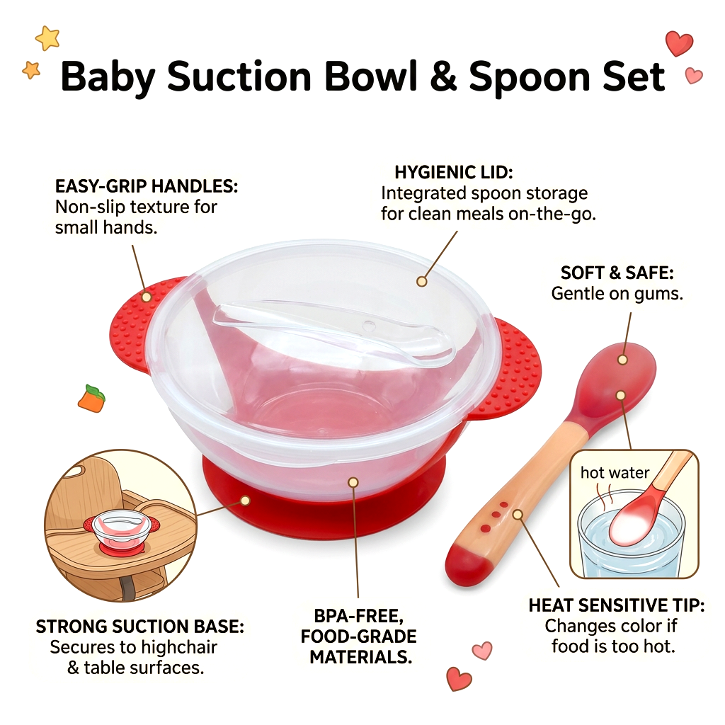 Kids Boon Baby Suction Bowl Set with Lid and Soft-Tip Spoon – Spill-Proof Toddler Travel Feeding Kit (Red)