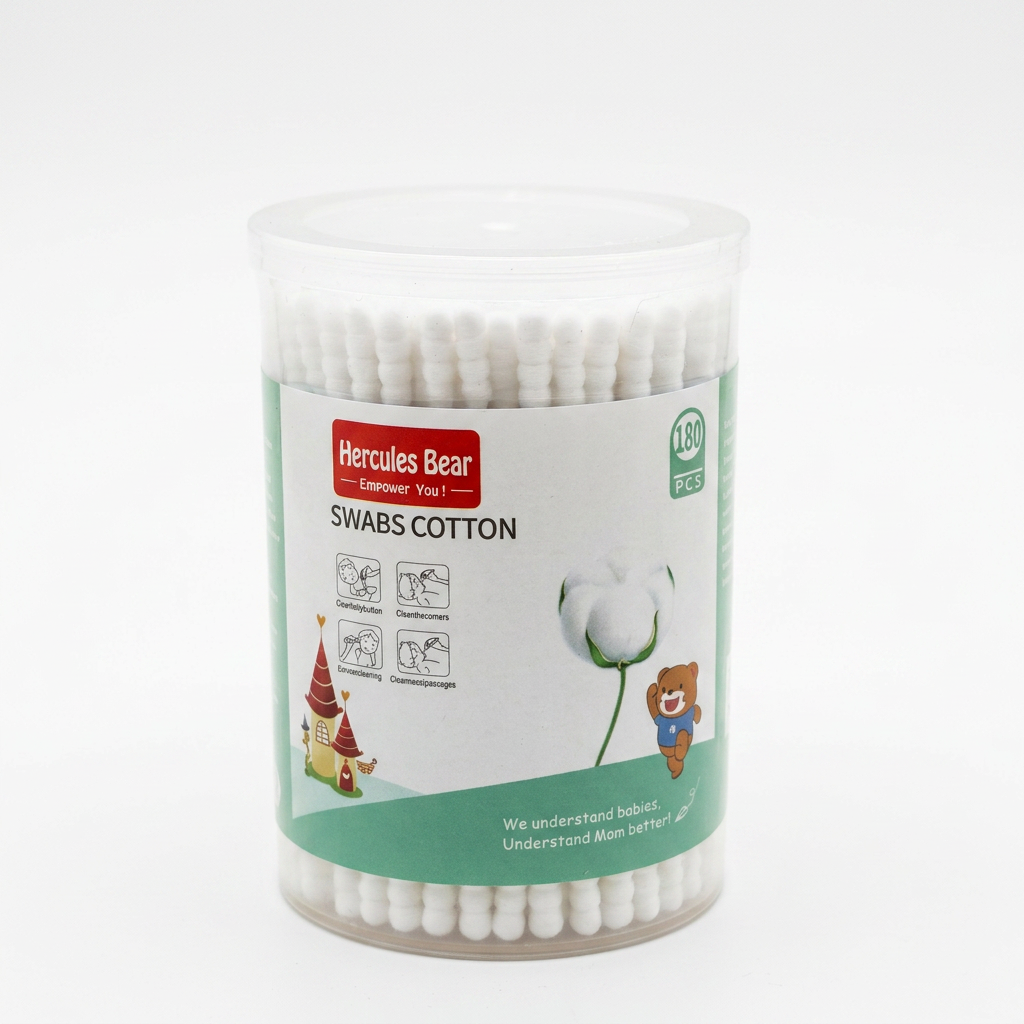 Hercules Bear Premium Baby Cotton Swabs - 180 Pcs Ribbed Safety Buds for Ear, Nose & Navel Care