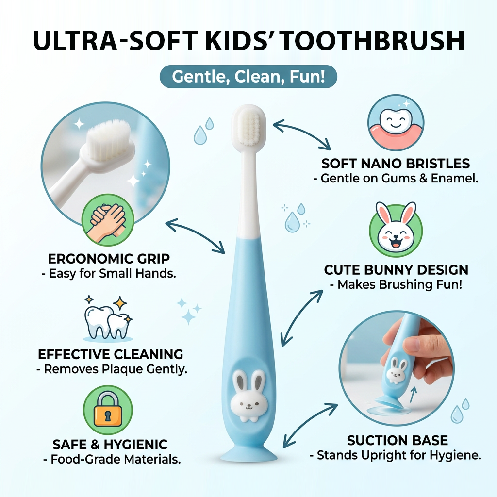 Kids Boon Soft Bristle Baby Training Toothbrush | Suction Cup Base & Easy Grip | Blue Bunny