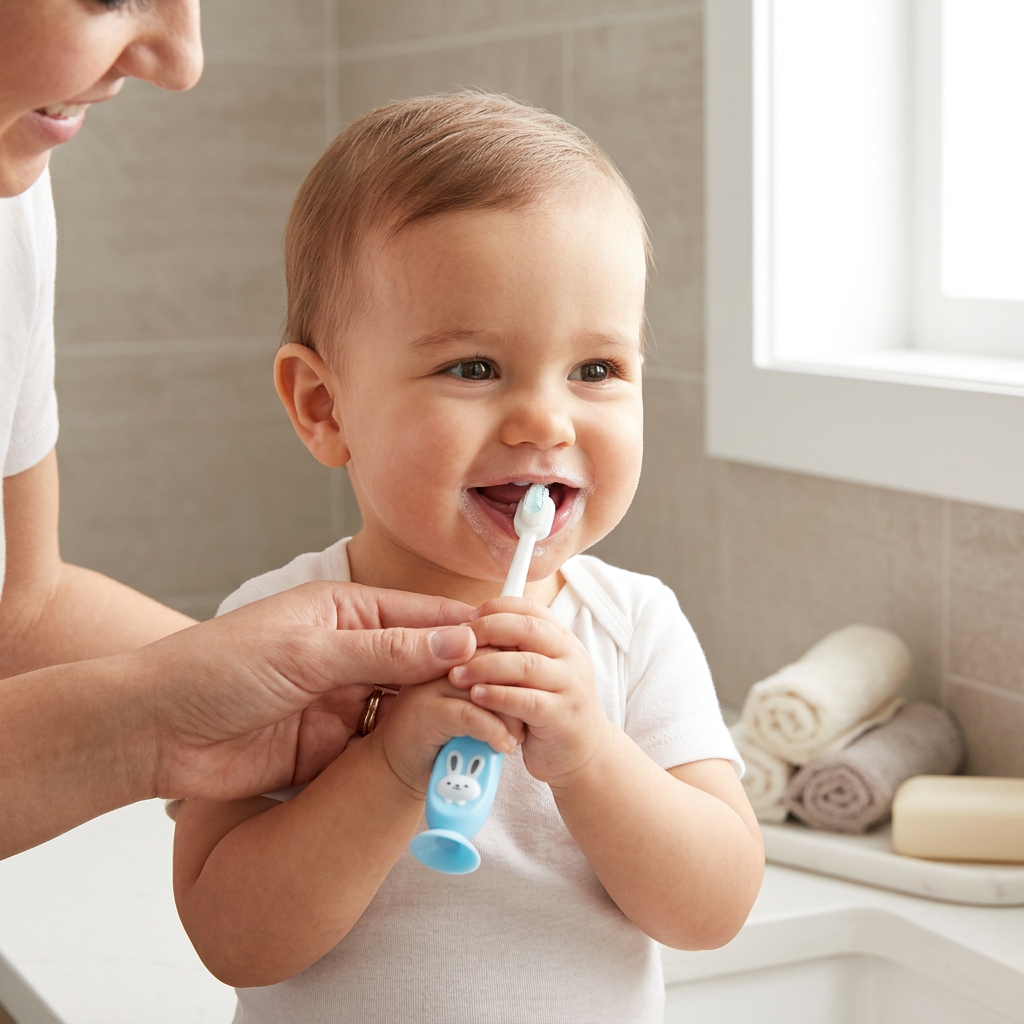 Kids Boon Soft Bristle Baby Training Toothbrush | Suction Cup Base & Easy Grip | Blue Bunny