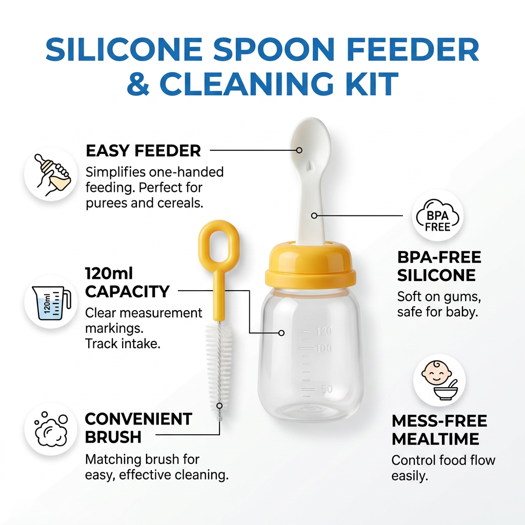 Kids Boon Silicone Baby Squeeze Feeder Spoon | 120ml Infant Food Dispenser Bottle with Cleaning Brush