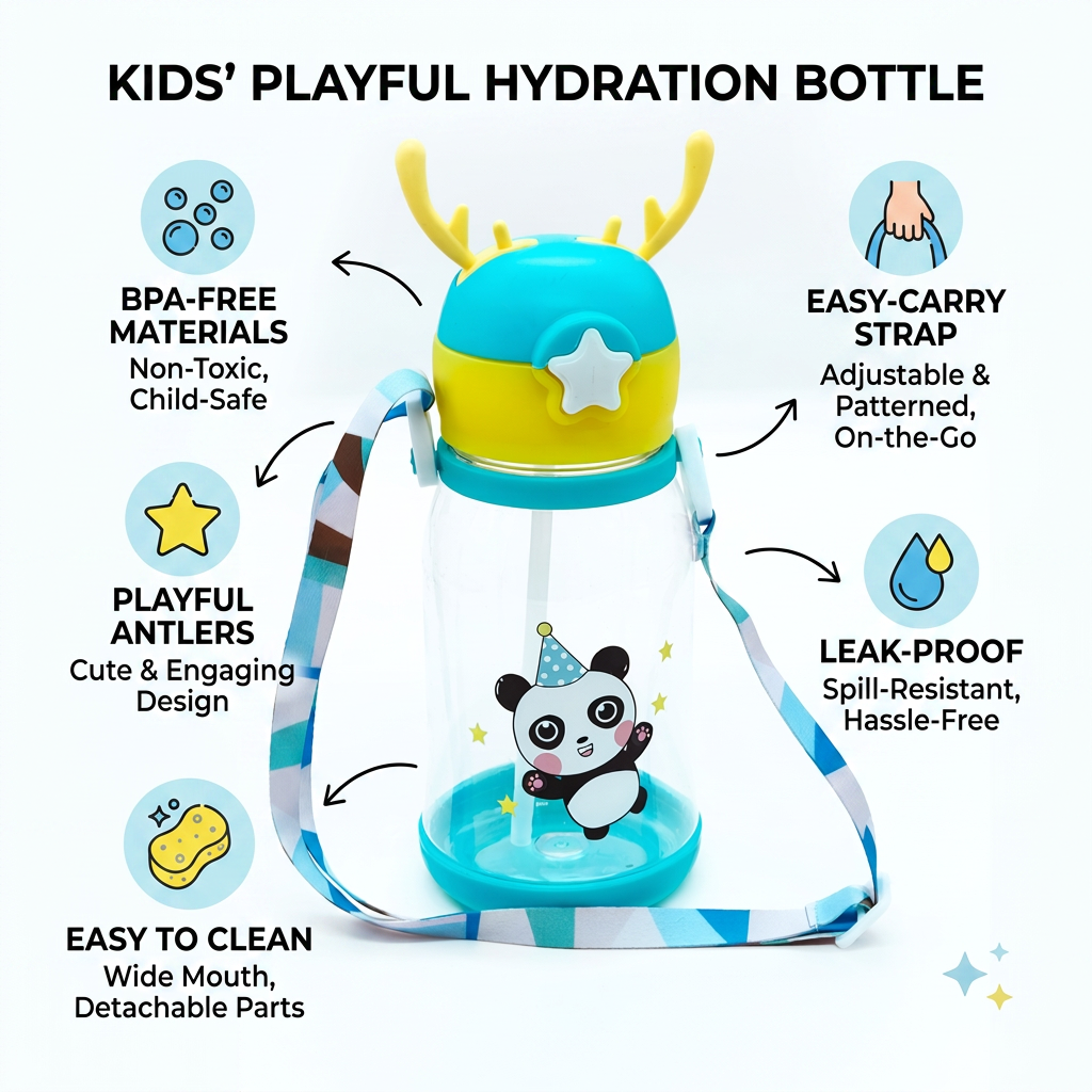 Kids Boon Cute Panda Water Bottle with Straw & Adjustable Strap | Spill-Proof School Sipper for Kids