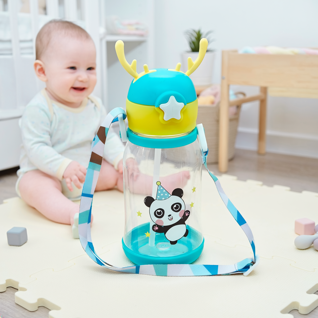 Kids Boon Cute Panda Water Bottle with Straw & Adjustable Strap | Spill-Proof School Sipper for Kids
