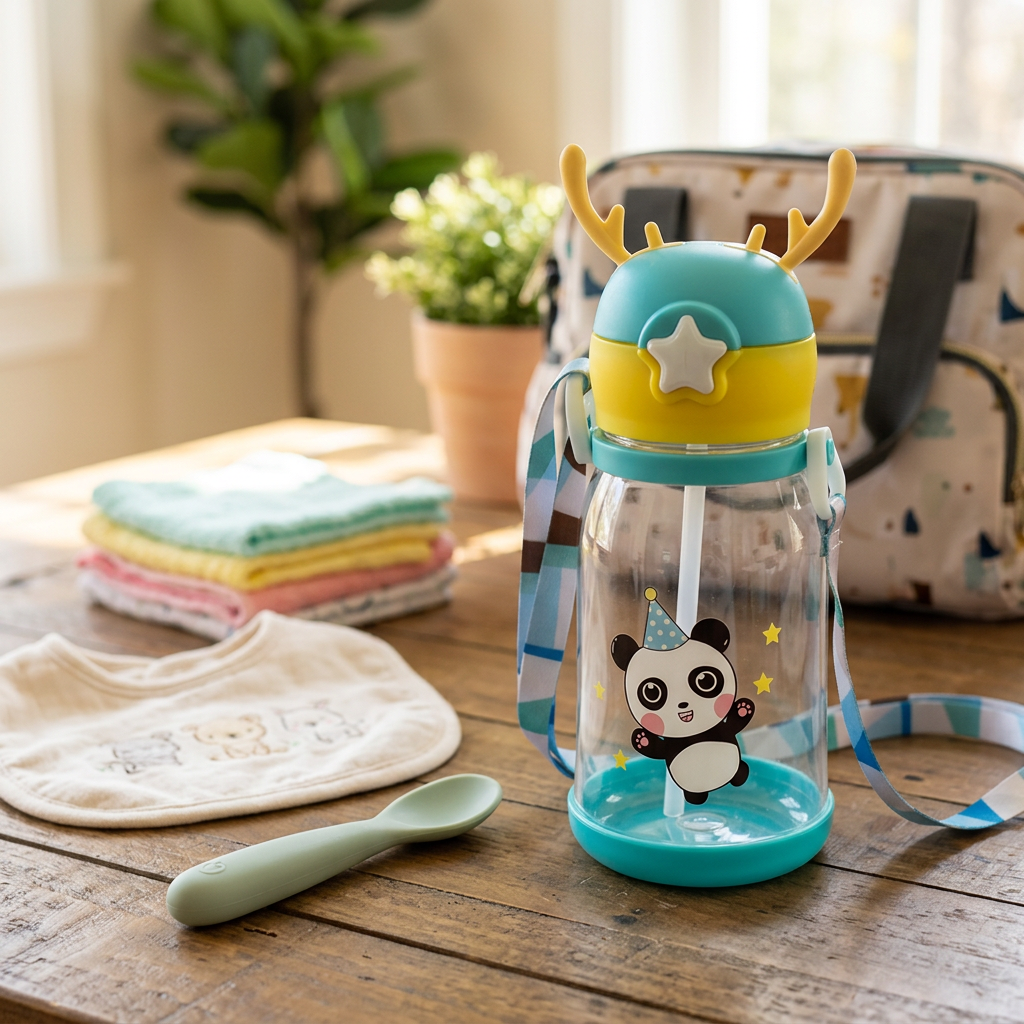 Kids Boon Cute Panda Water Bottle with Straw & Adjustable Strap | Spill-Proof School Sipper for Kids