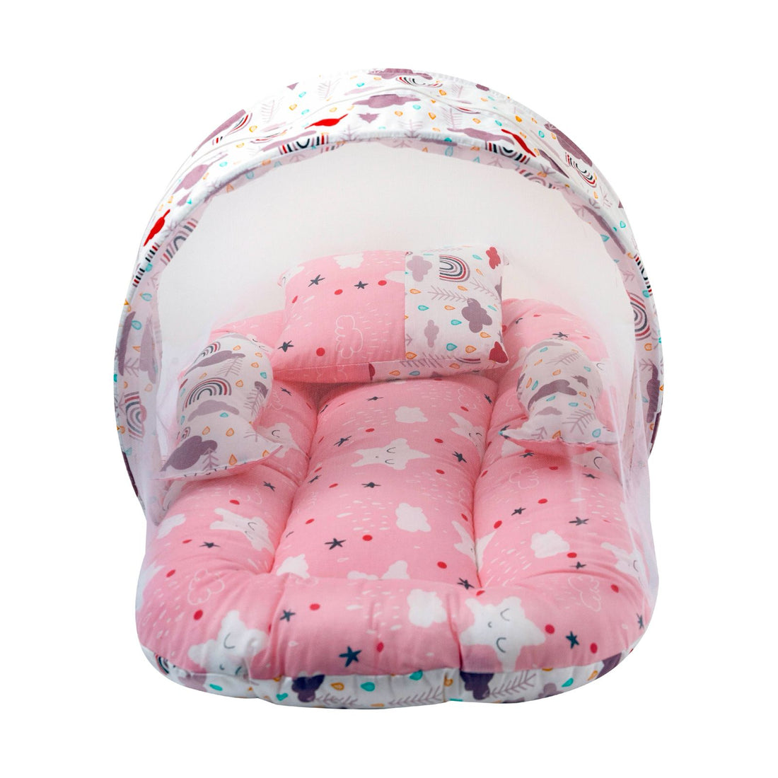 Premium Baby Mosquito Net Bed & Lounger Set | Portable Newborn Sleeper with Canopy & Pillows - Pink Dream Print