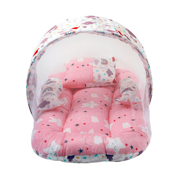 Premium Baby Mosquito Net Bed & Lounger Set | Portable Newborn Sleeper with Canopy & Pillows - Pink Dream Print