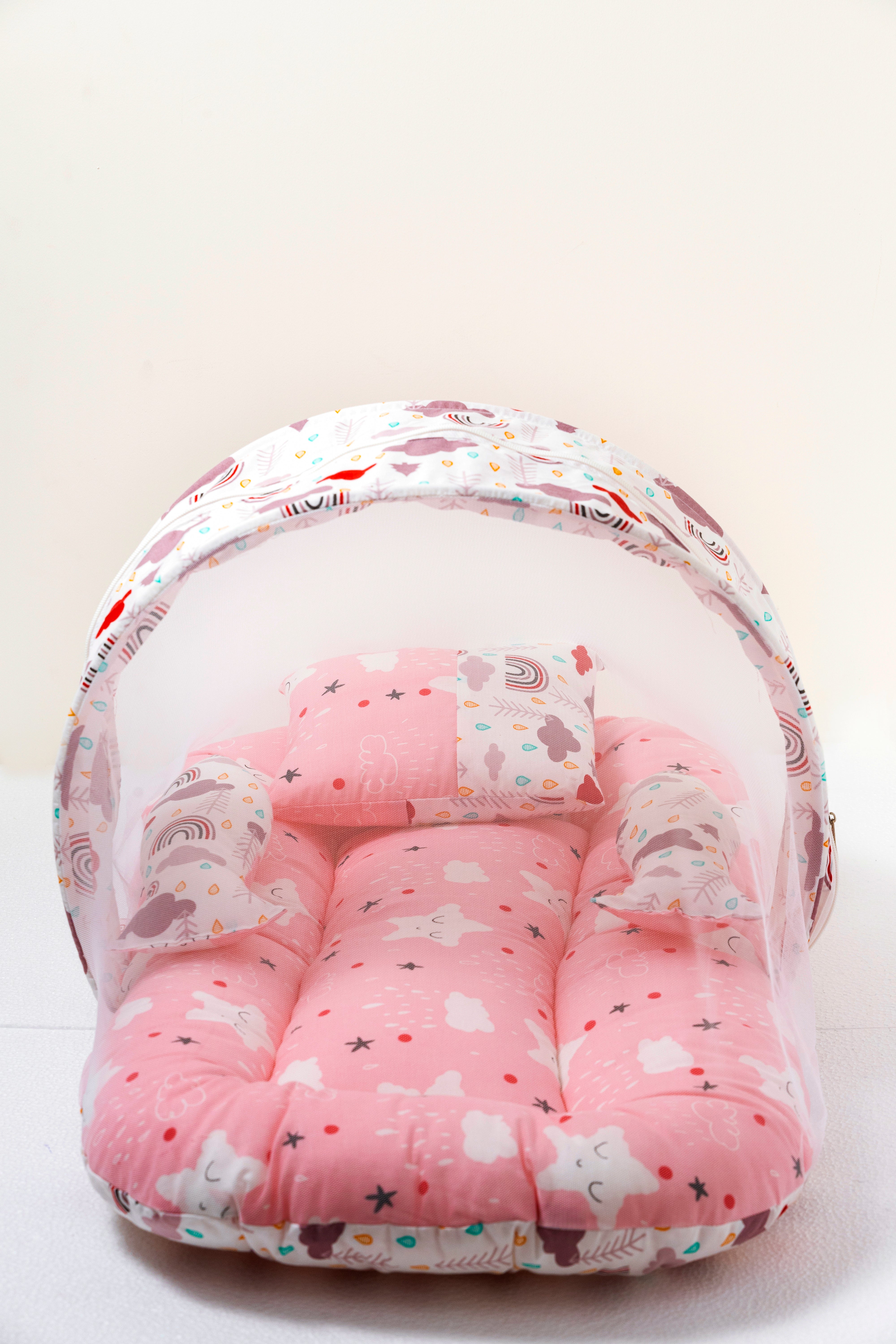 Premium Baby Mosquito Net Bed & Lounger Set | Portable Newborn Sleeper with Canopy & Pillows - Pink Dream Print