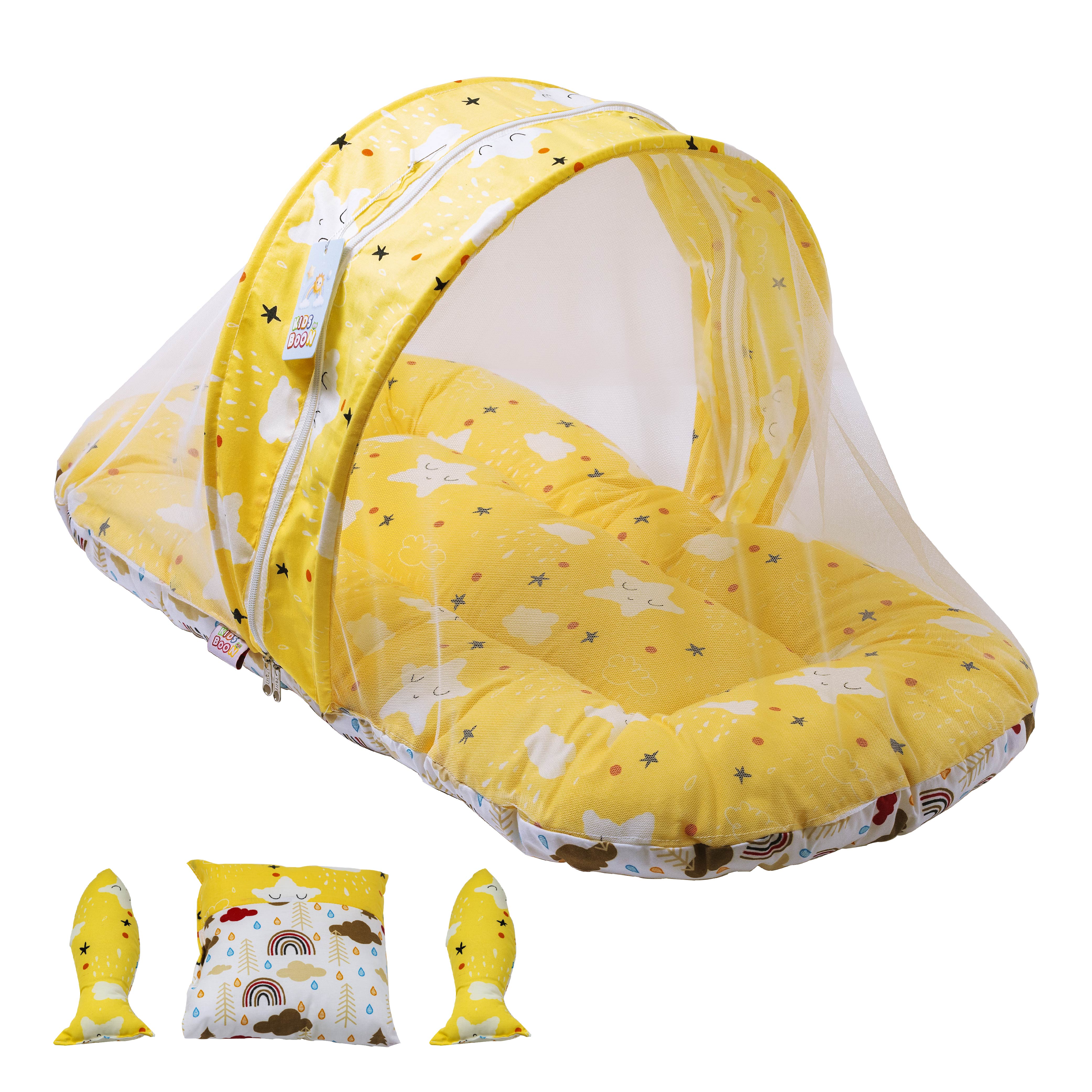 Kids Boon Premium Baby Mosquito Net Bed | 100% Cotton Foldable Infant Sleeping Mattress with Pillow & Bolsters