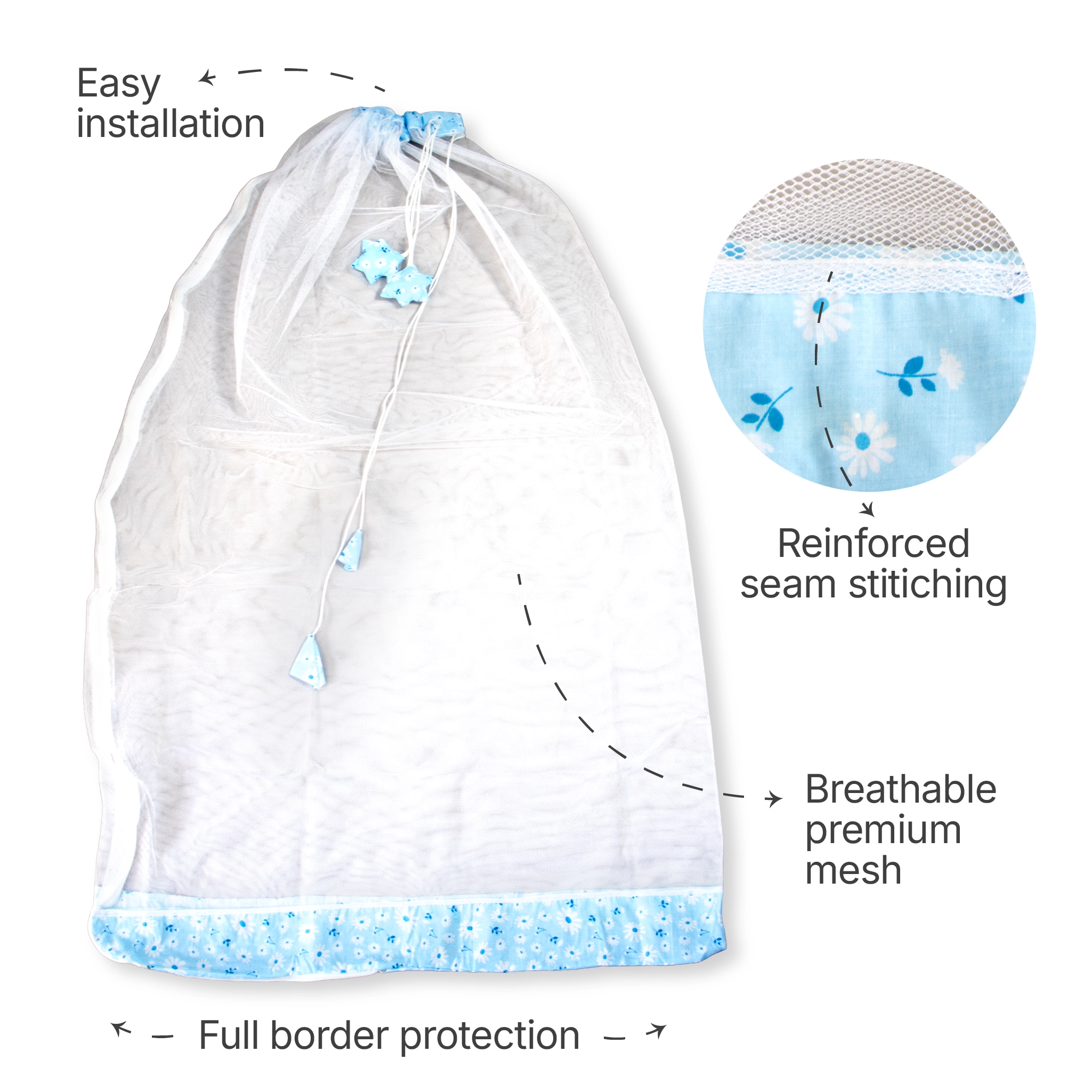Premium Hanging Cradle Mosquito Net with Decorative Border & Hanging Stars