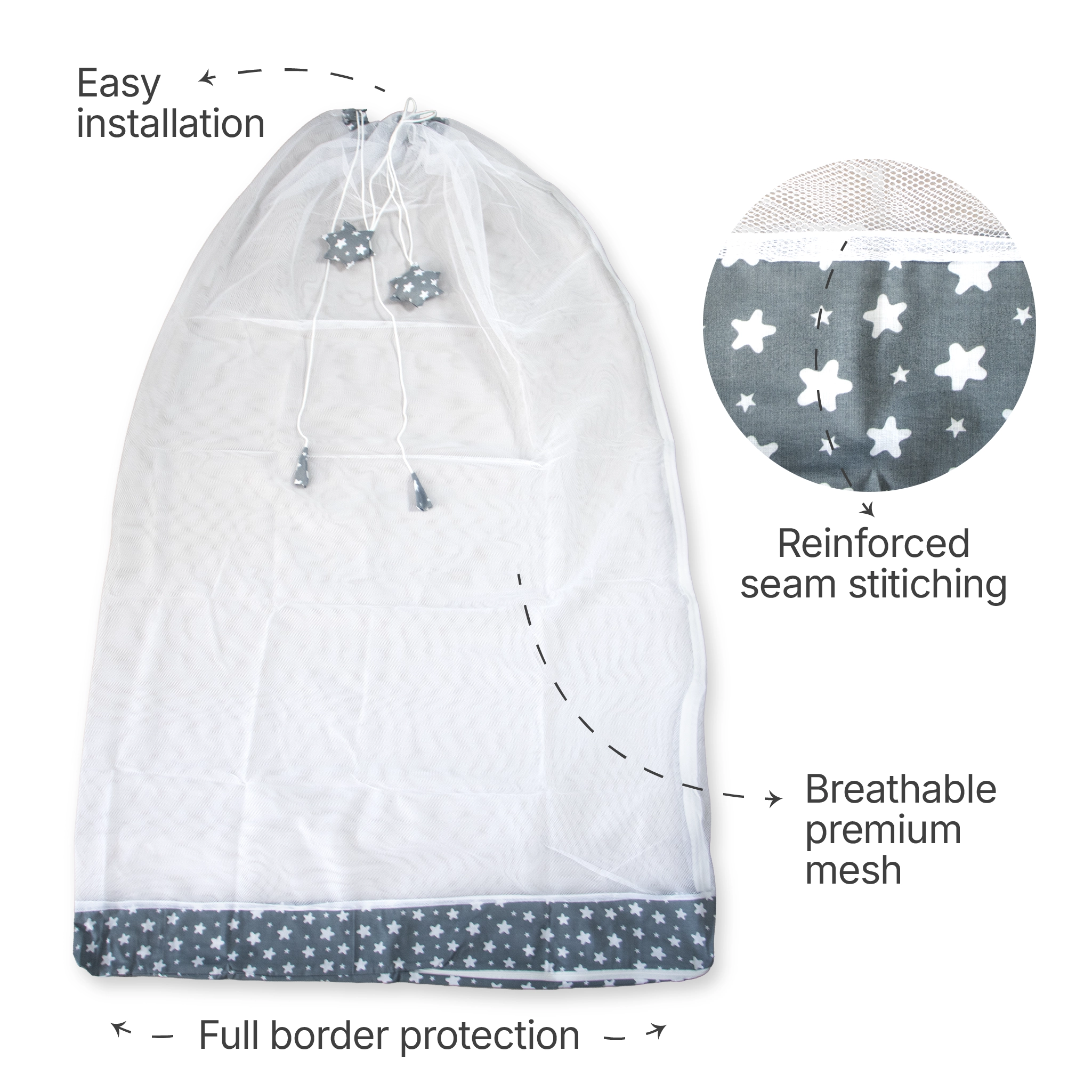 Premium Hanging Cradle Mosquito Net with Decorative Border & Hanging Stars