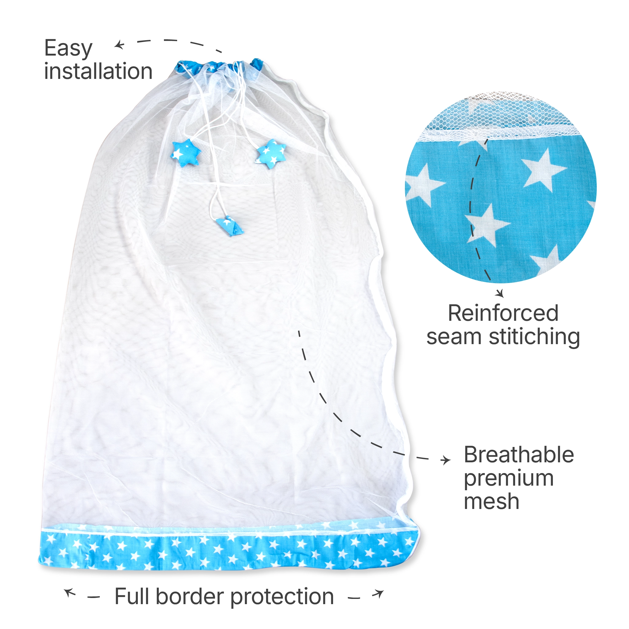 Premium Hanging Cradle Mosquito Net with Decorative Border & Hanging Stars