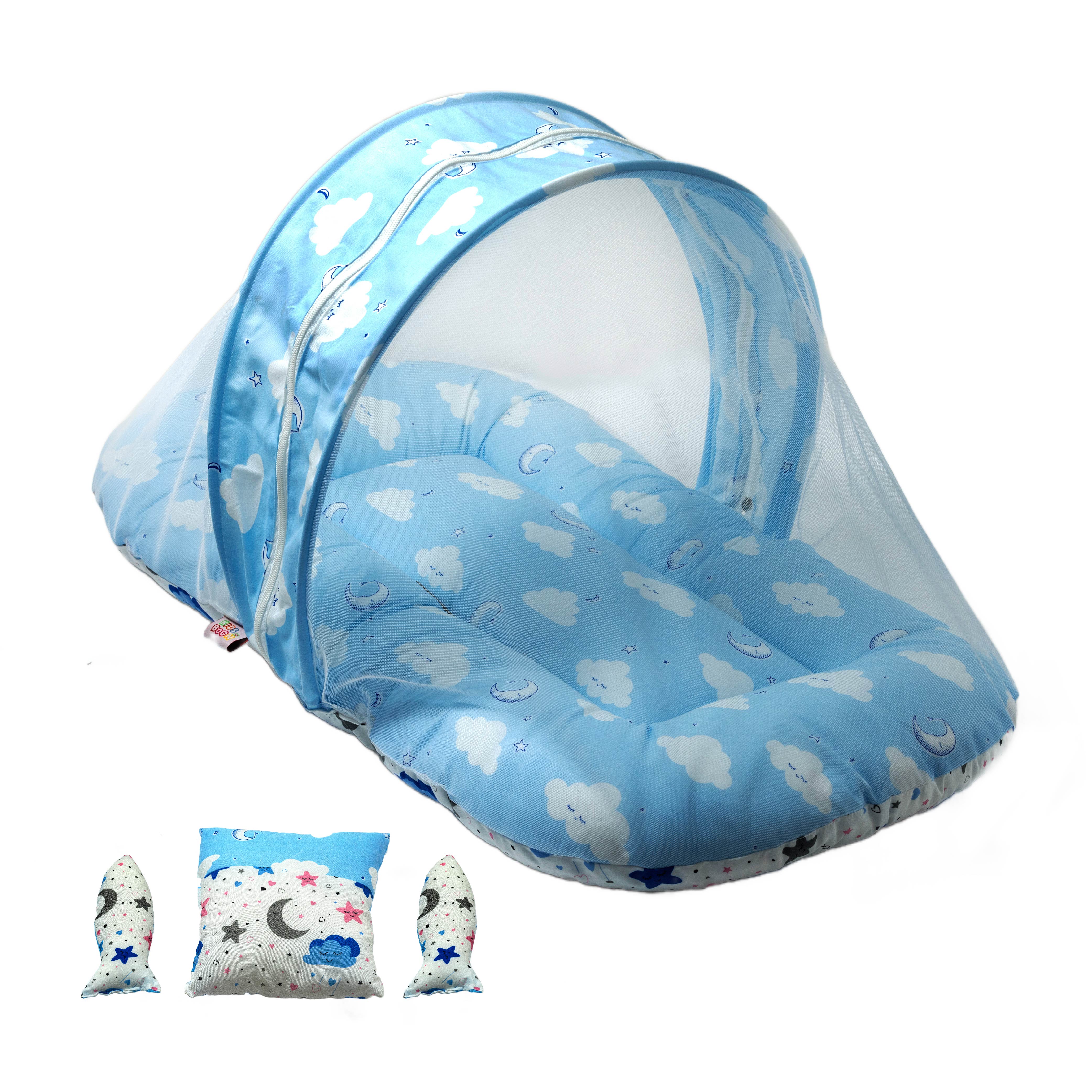Premium Portable Baby Bed with Mosquito Net & Pillows | Foldable Infant Mattress | Blue Cloud Design
