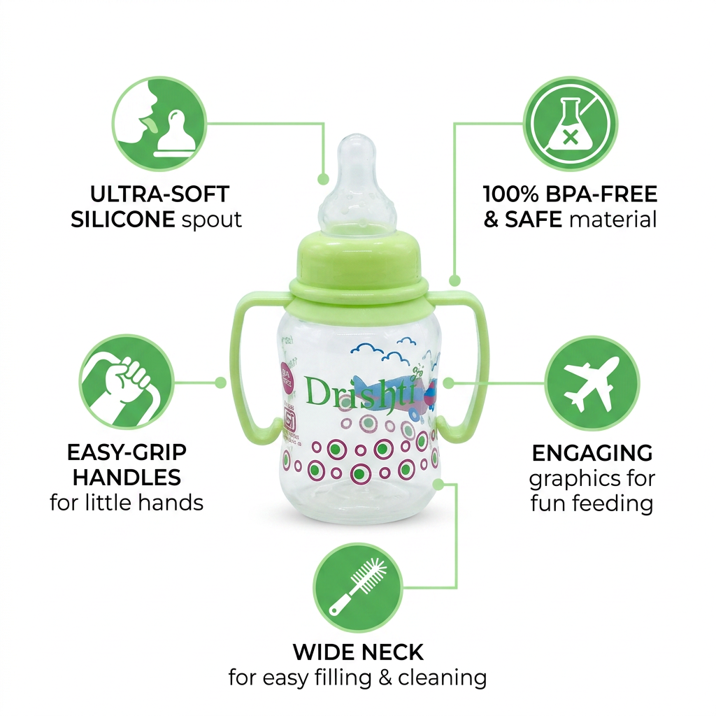 Drishti BPA-Free Baby Feeding Bottle with Easy-Grip Handles & Silicone Nipple
