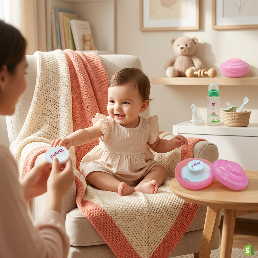 Soft Baby Powder Puff & Pink Container Set | Gentle Talcum Applicator for Infants