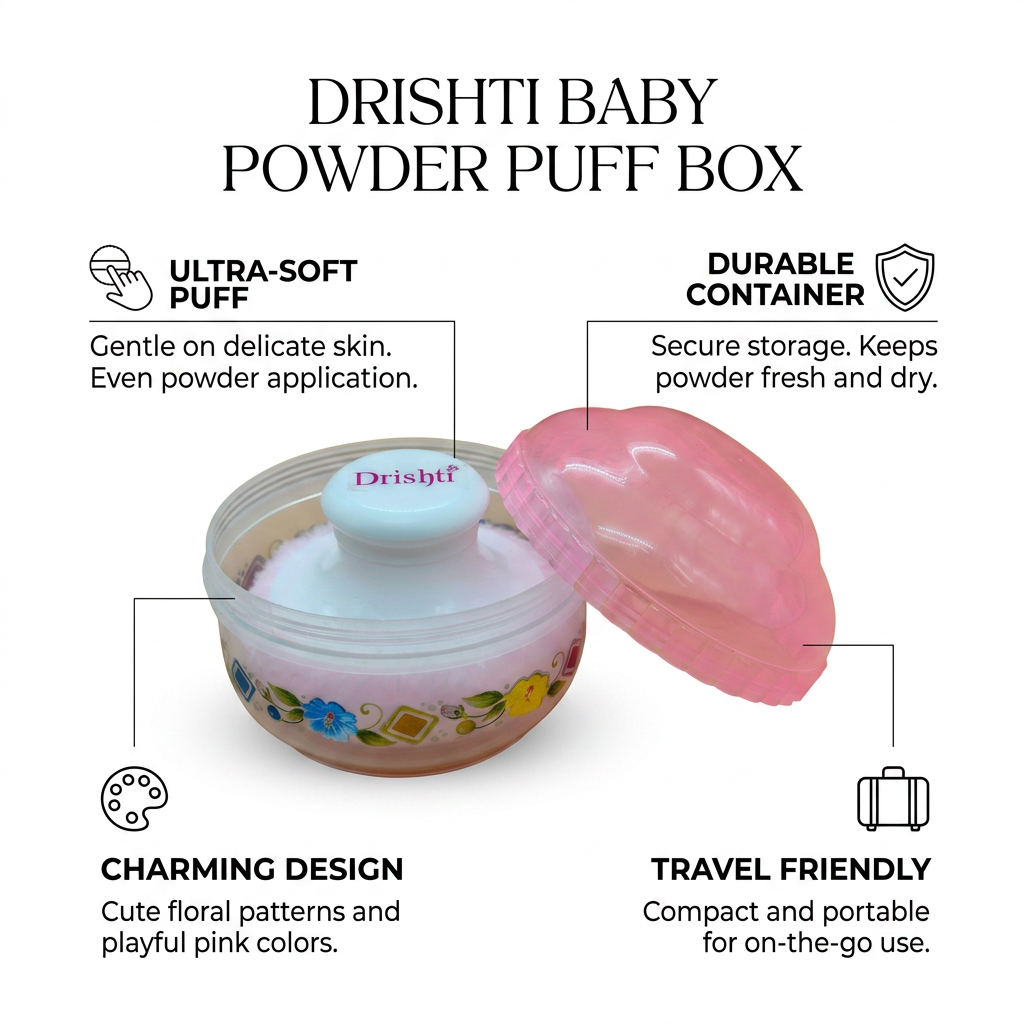 Drishti Premium Soft Baby Powder Puff with Floral Container | Gentle Talcum Powder Box for Infants